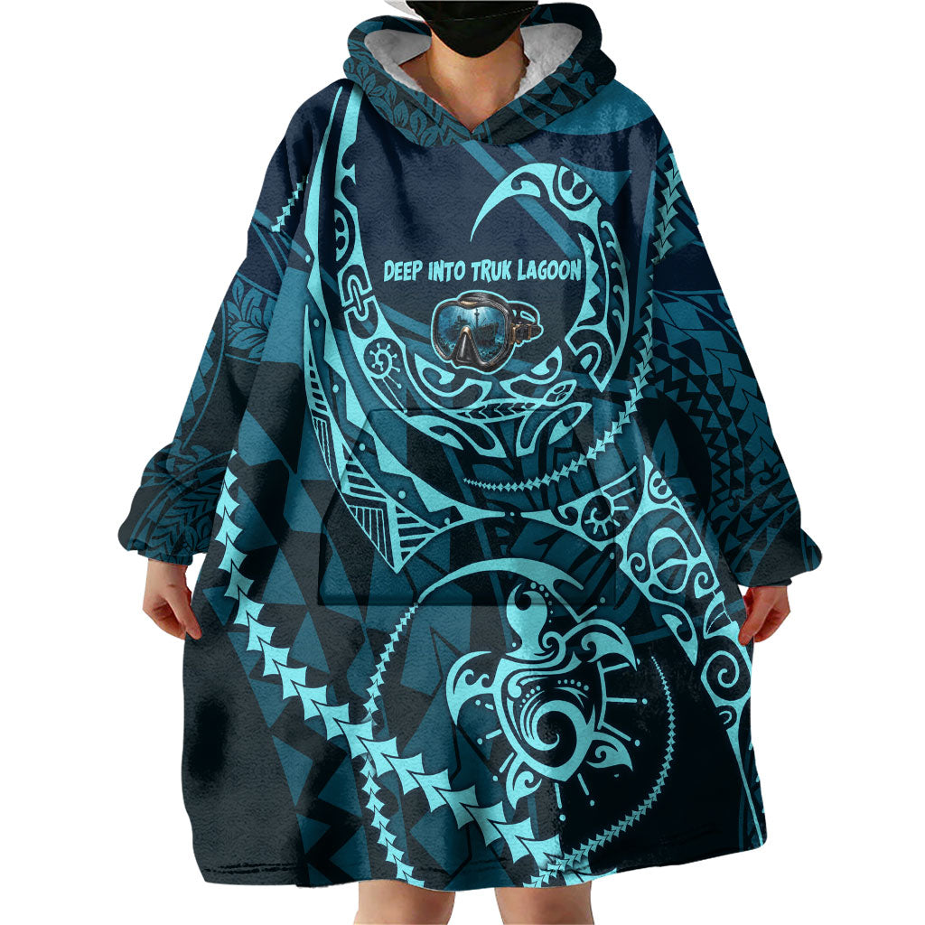 Chuuk Deep Into Truk Lagoon Wearable Blanket Hoodie Polynesian Tribal Pattern Wreck Diving Teal Ship Art