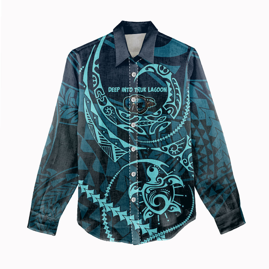 Chuuk Deep Into Truk Lagoon Women Casual Shirt Polynesian Tribal Pattern Wreck Diving Teal Ship Art