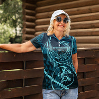Chuuk Deep Into Truk Lagoon Women Polo Shirt Polynesian Tribal Pattern Wreck Diving Teal Ship Art