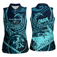Chuuk Deep Into Truk Lagoon Women Sleeveless Polo Shirt Polynesian Tribal Pattern Wreck Diving Teal Ship Art
