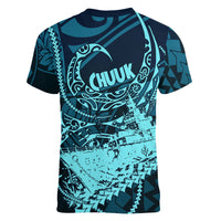 Chuuk Deep Into Truk Lagoon Women V-Neck T-Shirt Polynesian Tribal Pattern Wreck Diving Teal Ship Art