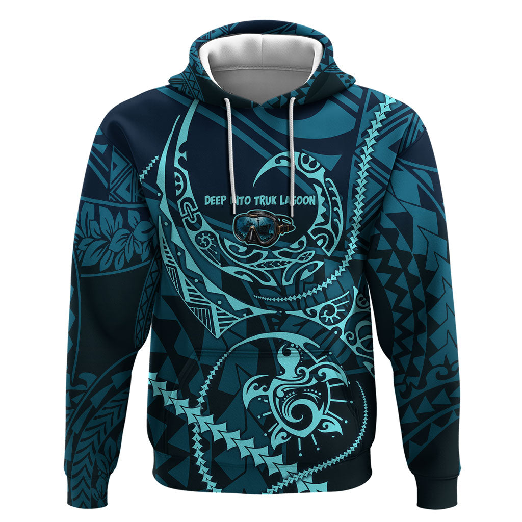 Chuuk Deep Into Truk Lagoon Zip Hoodie Polynesian Tribal Pattern Wreck Diving Teal Ship Art