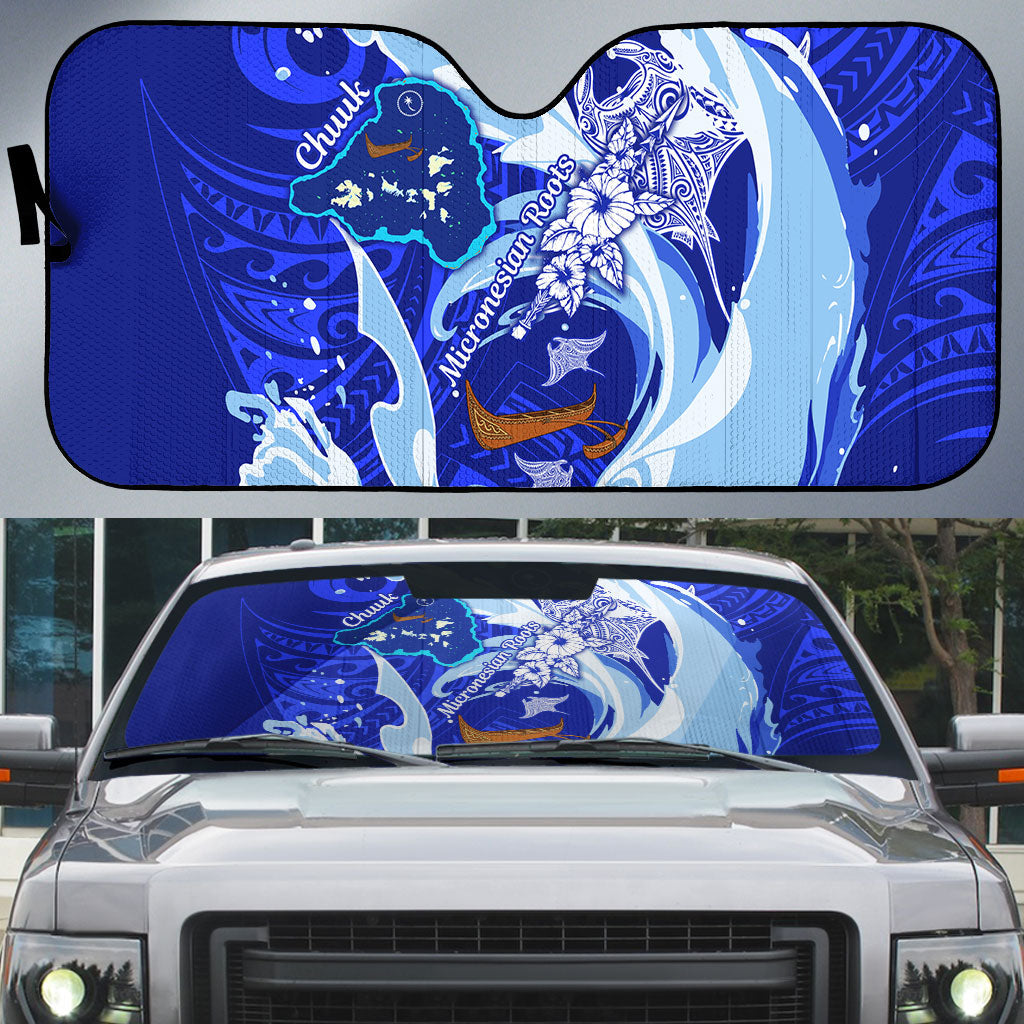 Chuuk Micronesian Roots Auto Sun Shade Polynesian Tribal Pattern Hibiscus Flower And Stingray Art