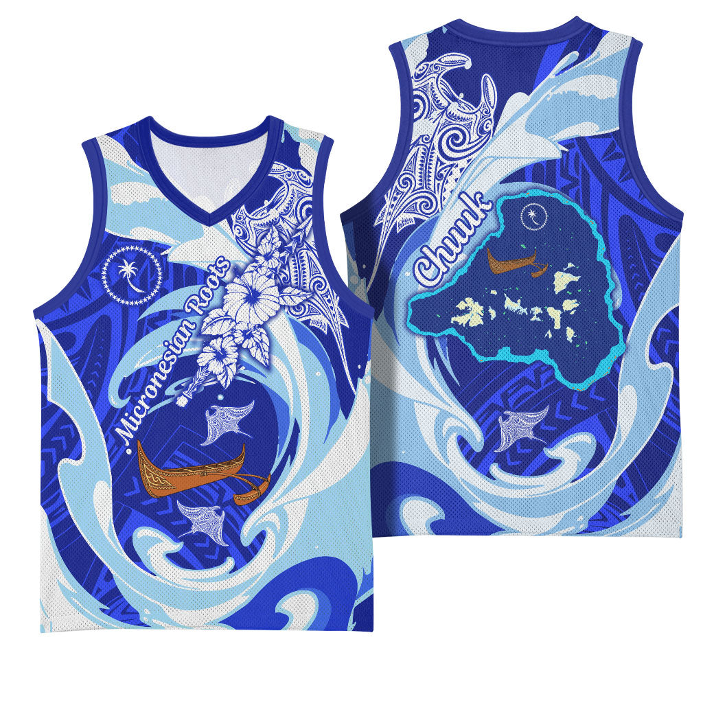 Chuuk Micronesian Roots Basketball Jersey Polynesian Tribal Pattern Hibiscus Flower And Stingray Art