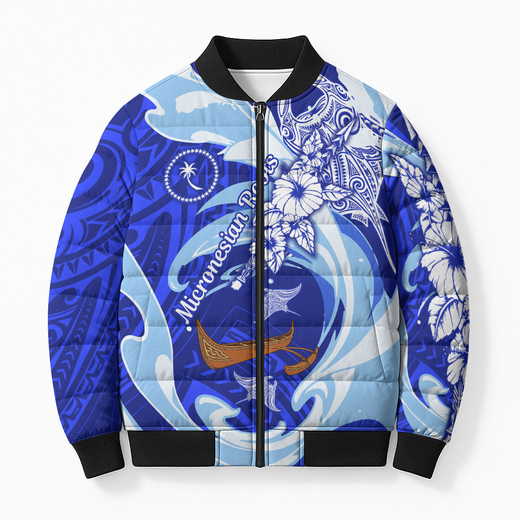 Chuuk Micronesian Roots Bomber Puffer Jacket Polynesian Tribal Pattern Hibiscus Flower And Stingray Art TS04 Unisex Blue White - Polynesian Pride