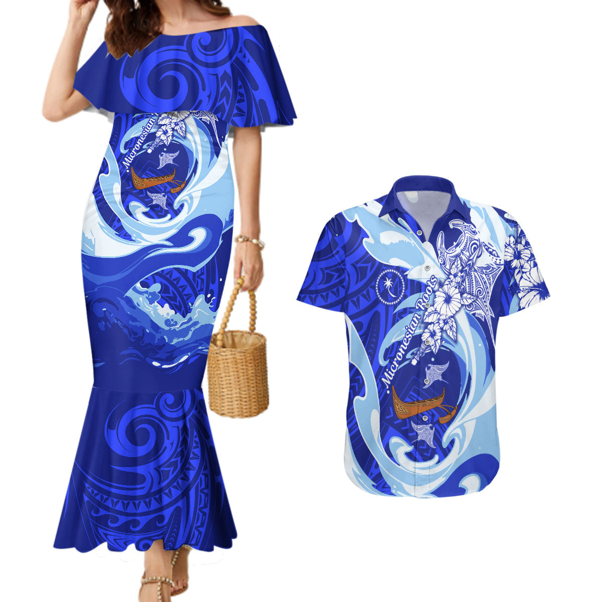 Chuuk Micronesian Roots Couples Matching Mermaid Dress and Hawaiian Shirt Polynesian Tribal Pattern Hibiscus Flower And Stingray Art TS04 Blue White - Polynesian Pride
