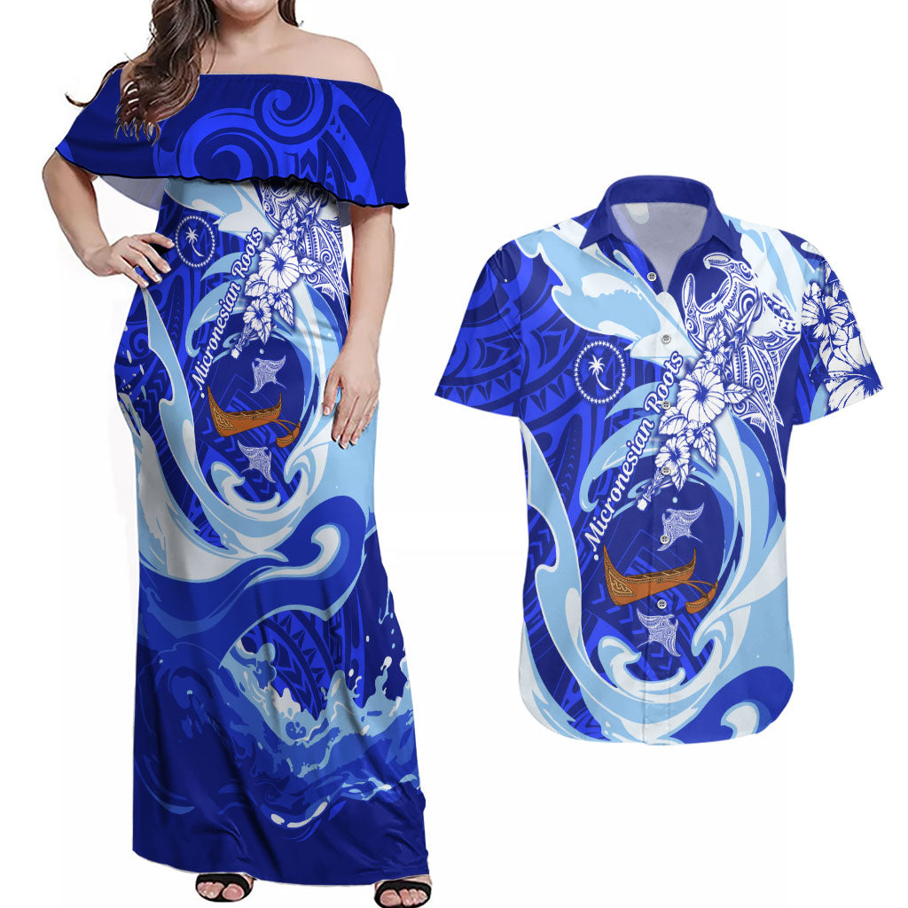 Chuuk Micronesian Roots Couples Matching Off Shoulder Maxi Dress and Hawaiian Shirt Polynesian Tribal Pattern Hibiscus Flower And Stingray Art TS04 Blue White - Polynesian Pride