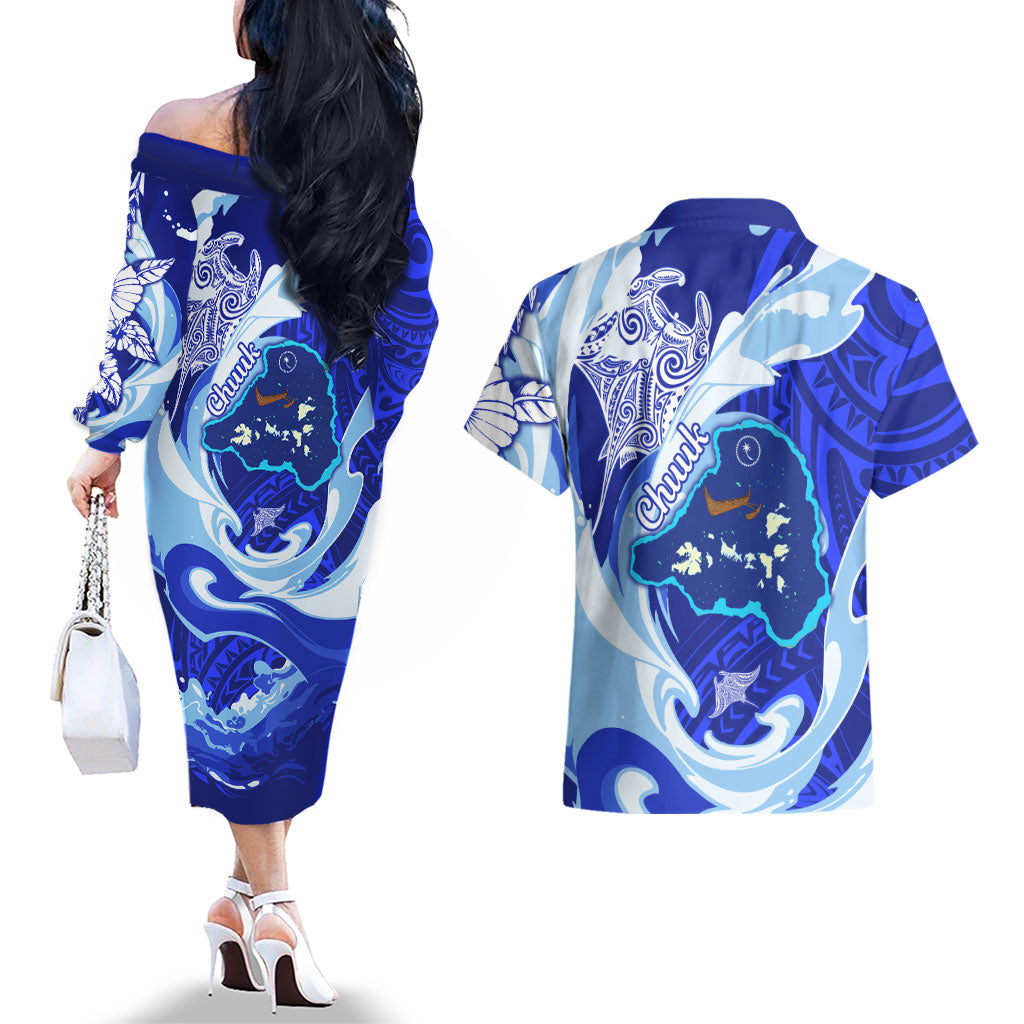 Chuuk Micronesian Roots Couples Matching Off The Shoulder Long Sleeve Dress and Hawaiian Shirt Polynesian Tribal Pattern Hibiscus Flower And Stingray Art