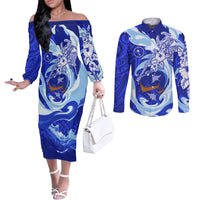 Chuuk Micronesian Roots Couples Matching Off The Shoulder Long Sleeve Dress and Long Sleeve Button Shirt Polynesian Tribal Pattern Hibiscus Flower And Stingray Art