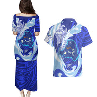 Chuuk Micronesian Roots Couples Matching Puletasi and Hawaiian Shirt Polynesian Tribal Pattern Hibiscus Flower And Stingray Art