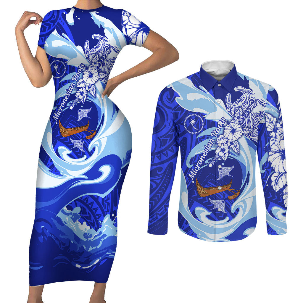 Chuuk Micronesian Roots Couples Matching Short Sleeve Bodycon Dress and Long Sleeve Button Shirt Polynesian Tribal Pattern Hibiscus Flower And Stingray Art