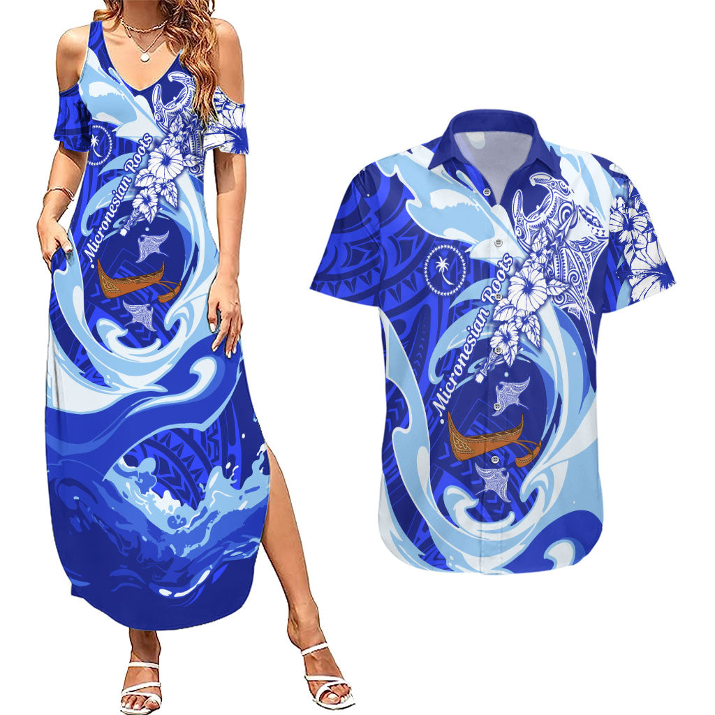 Chuuk Micronesian Roots Couples Matching Summer Maxi Dress and Hawaiian Shirt Polynesian Tribal Pattern Hibiscus Flower And Stingray Art TS04 Blue White - Polynesian Pride