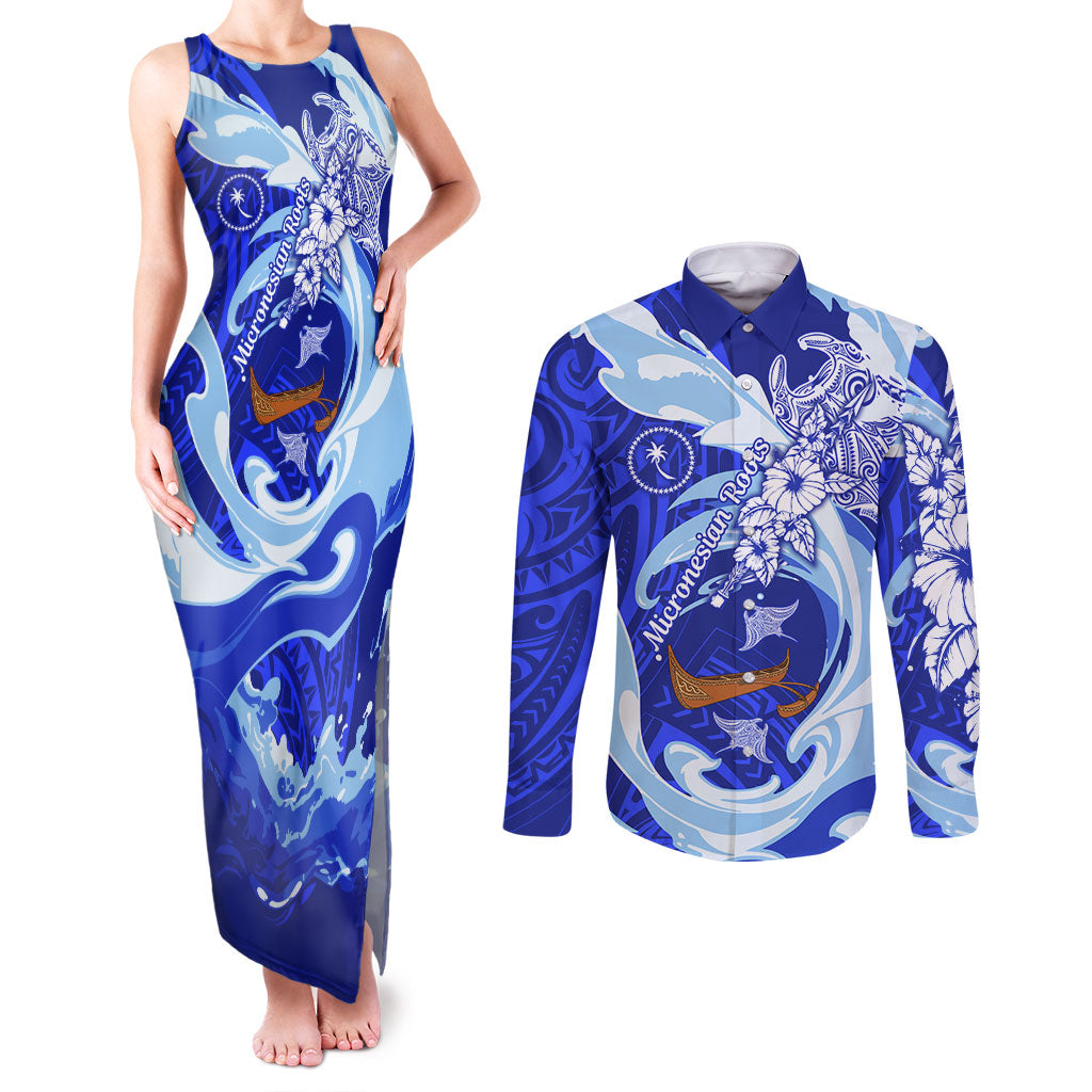Chuuk Micronesian Roots Couples Matching Tank Maxi Dress and Long Sleeve Button Shirt Polynesian Tribal Pattern Hibiscus Flower And Stingray Art TS04 Blue White - Polynesian Pride