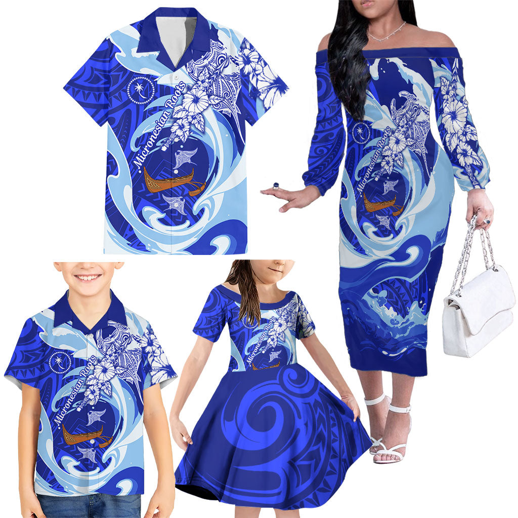 Chuuk Micronesian Roots Family Matching Off The Shoulder Long Sleeve Dress and Hawaiian Shirt Polynesian Tribal Pattern Hibiscus Flower And Stingray Art TS04 - Polynesian Pride