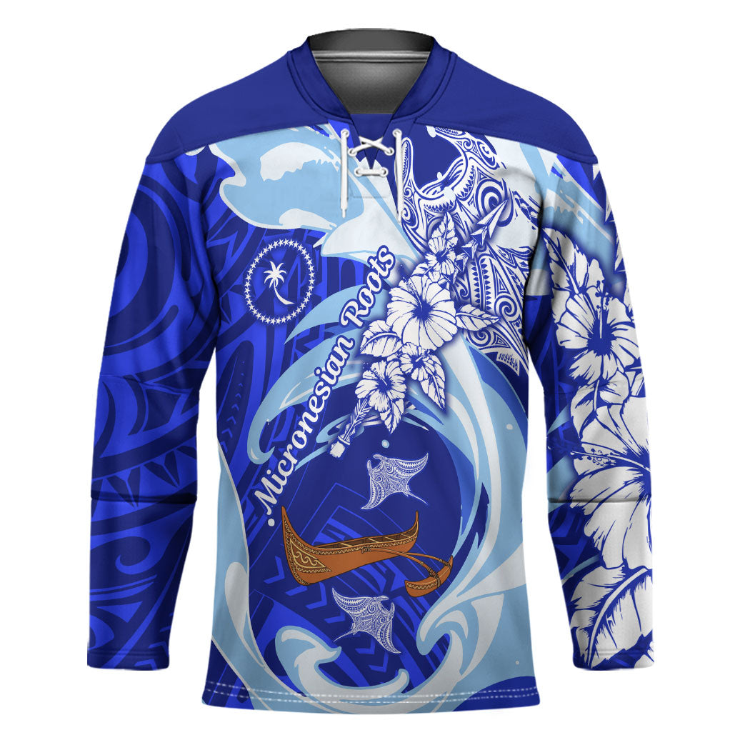 Chuuk Micronesian Roots Hockey Jersey Polynesian Tribal Pattern Hibiscus Flower And Stingray Art