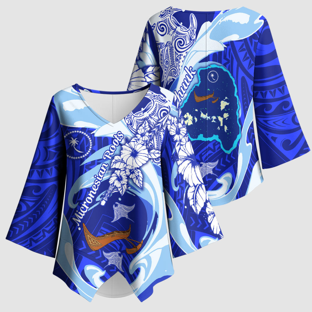 Chuuk Micronesian Roots Kimono Sleeve Blouse Polynesian Tribal Pattern Hibiscus Flower And Stingray Art