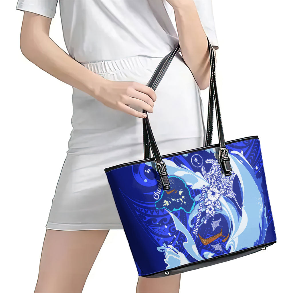 Chuuk Micronesian Roots Leather Tote Bag Polynesian Tribal Pattern Hibiscus Flower And Stingray Art