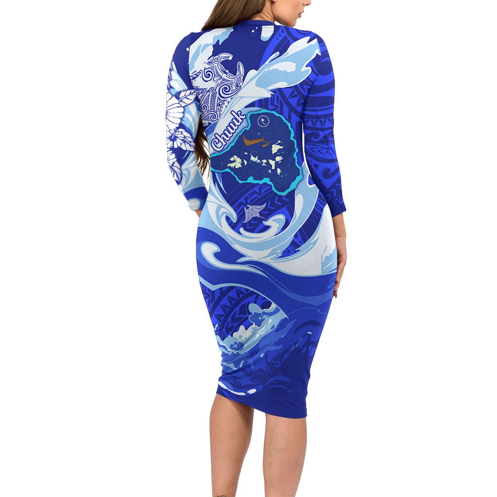 Chuuk Micronesian Roots Long Sleeve Bodycon Dress Polynesian Tribal Pattern Hibiscus Flower And Stingray Art