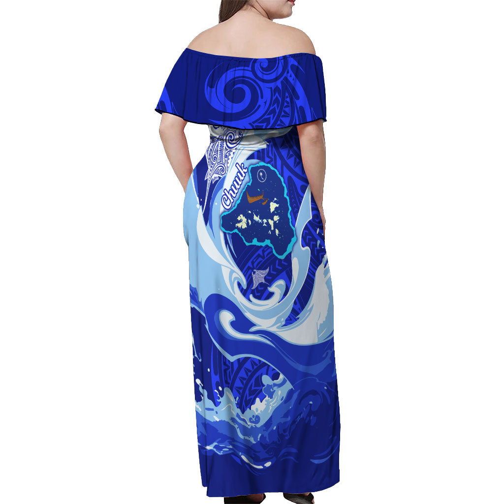 Chuuk Micronesian Roots Off Shoulder Maxi Dress Polynesian Tribal Pattern Hibiscus Flower And Stingray Art