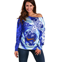 Chuuk Micronesian Roots Off Shoulder Sweater Polynesian Tribal Pattern Hibiscus Flower And Stingray Art