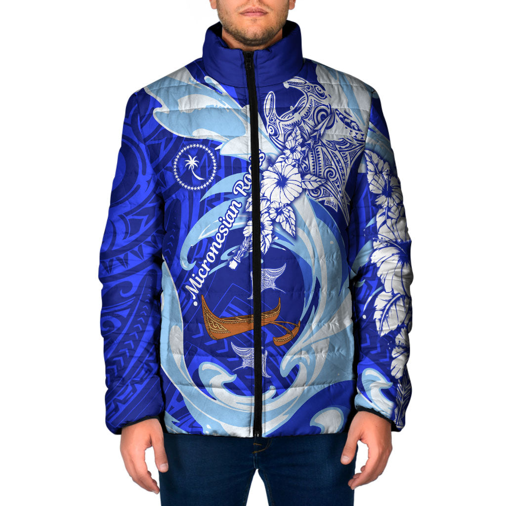 Chuuk Micronesian Roots Padded Jacket Polynesian Tribal Pattern Hibiscus Flower And Stingray Art