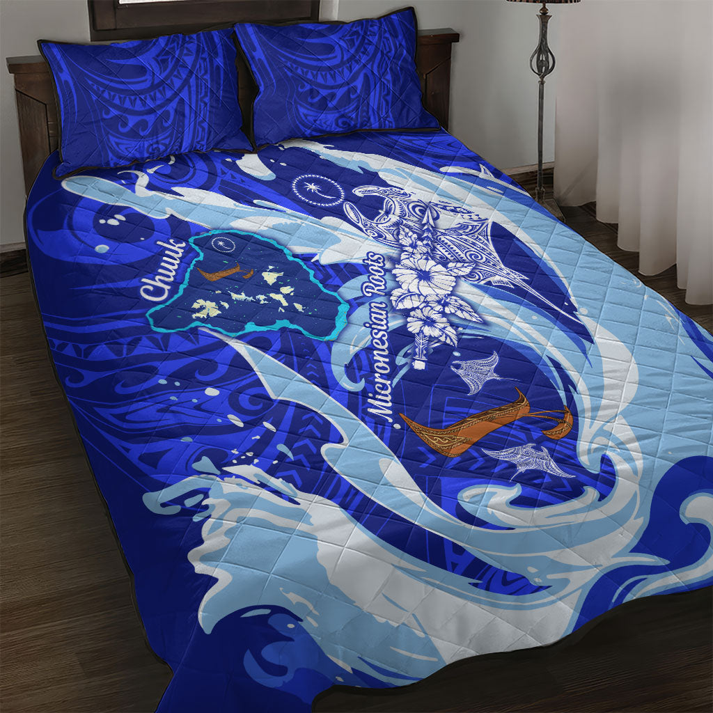 Chuuk Micronesian Roots Quilt Bed Set Polynesian Tribal Pattern Hibiscus Flower And Stingray Art