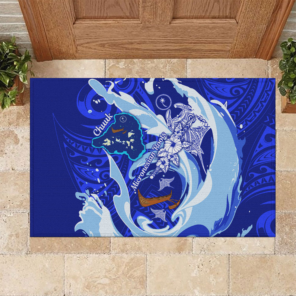 Chuuk Micronesian Roots Rubber Doormat Polynesian Tribal Pattern Hibiscus Flower And Stingray Art TS04 Blue White - Polynesian Pride