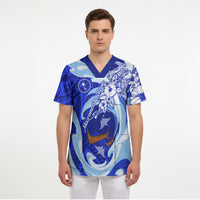 Chuuk Micronesian Roots Scrub Top Polynesian Tribal Pattern Hibiscus Flower And Stingray Art