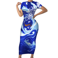 Chuuk Micronesian Roots Short Sleeve Bodycon Dress Polynesian Tribal Pattern Hibiscus Flower And Stingray Art