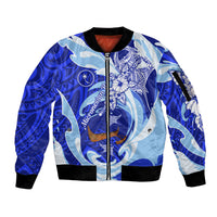Chuuk Micronesian Roots Sleeve Zip Bomber Jacket Polynesian Tribal Pattern Hibiscus Flower And Stingray Art