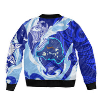 Chuuk Micronesian Roots Sleeve Zip Bomber Jacket Polynesian Tribal Pattern Hibiscus Flower And Stingray Art