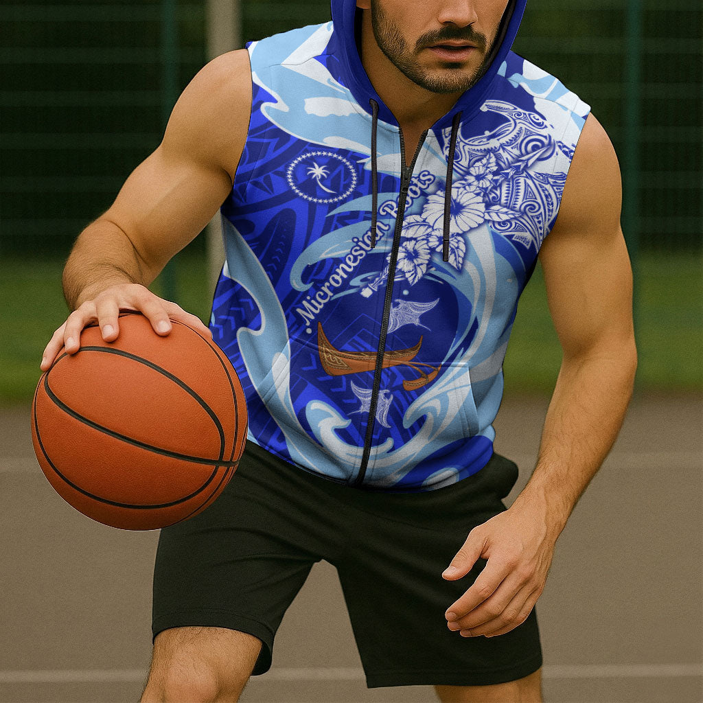 Chuuk Micronesian Roots Sleeveless Zip Hoodie Polynesian Tribal Pattern Hibiscus Flower And Stingray Art