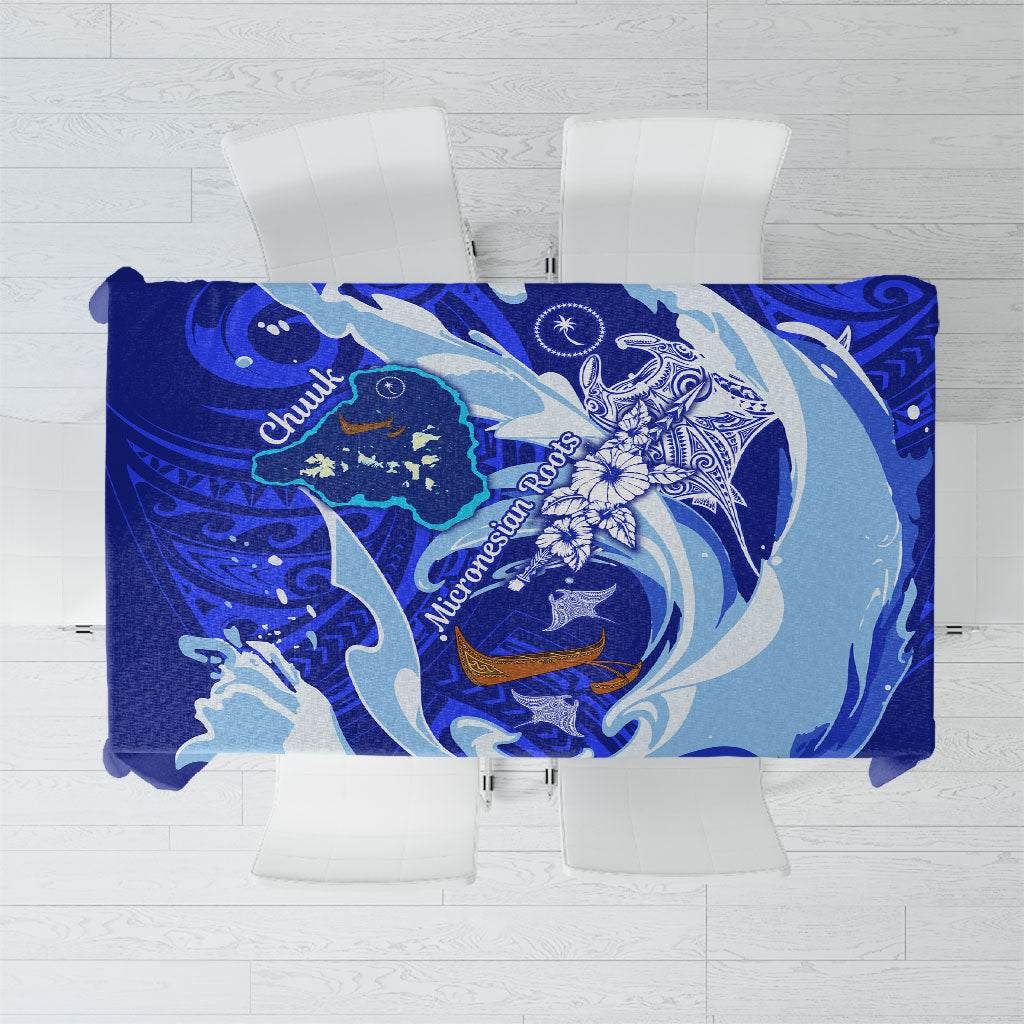 Chuuk Micronesian Roots Tablecloth Polynesian Tribal Pattern Hibiscus Flower And Stingray Art TS04 Blue White - Polynesian Pride