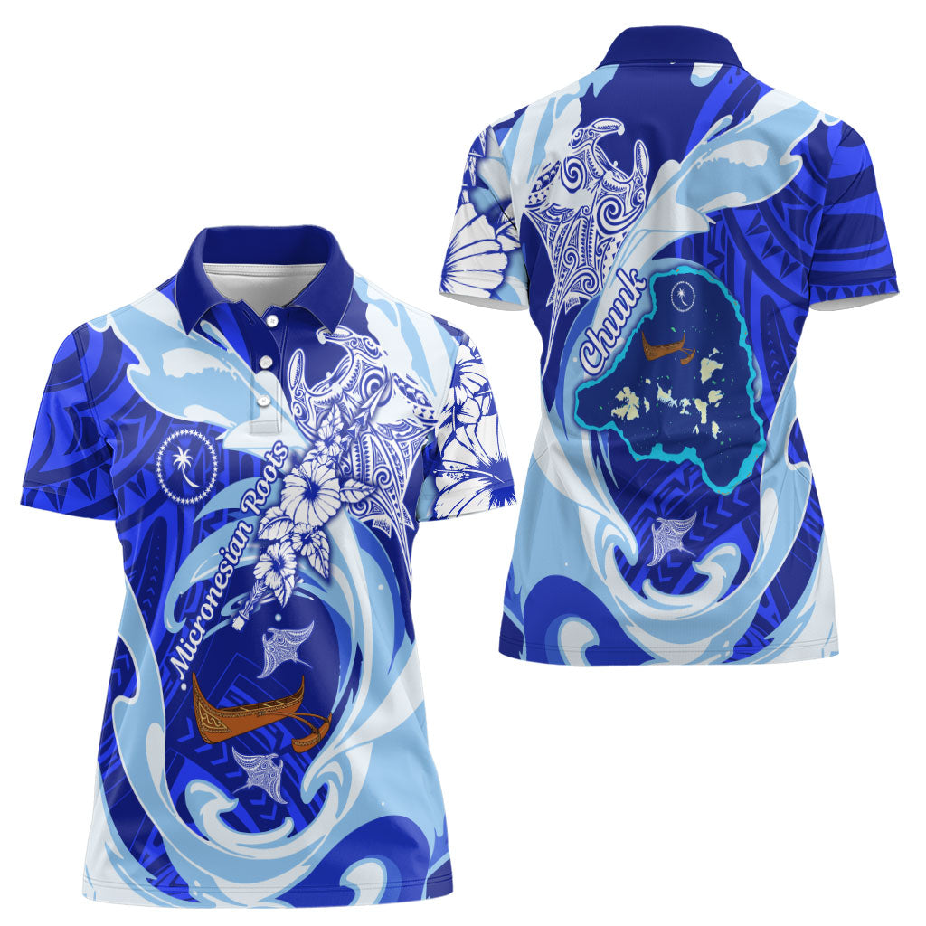 Chuuk Micronesian Roots Women Polo Shirt Polynesian Tribal Pattern Hibiscus Flower And Stingray Art