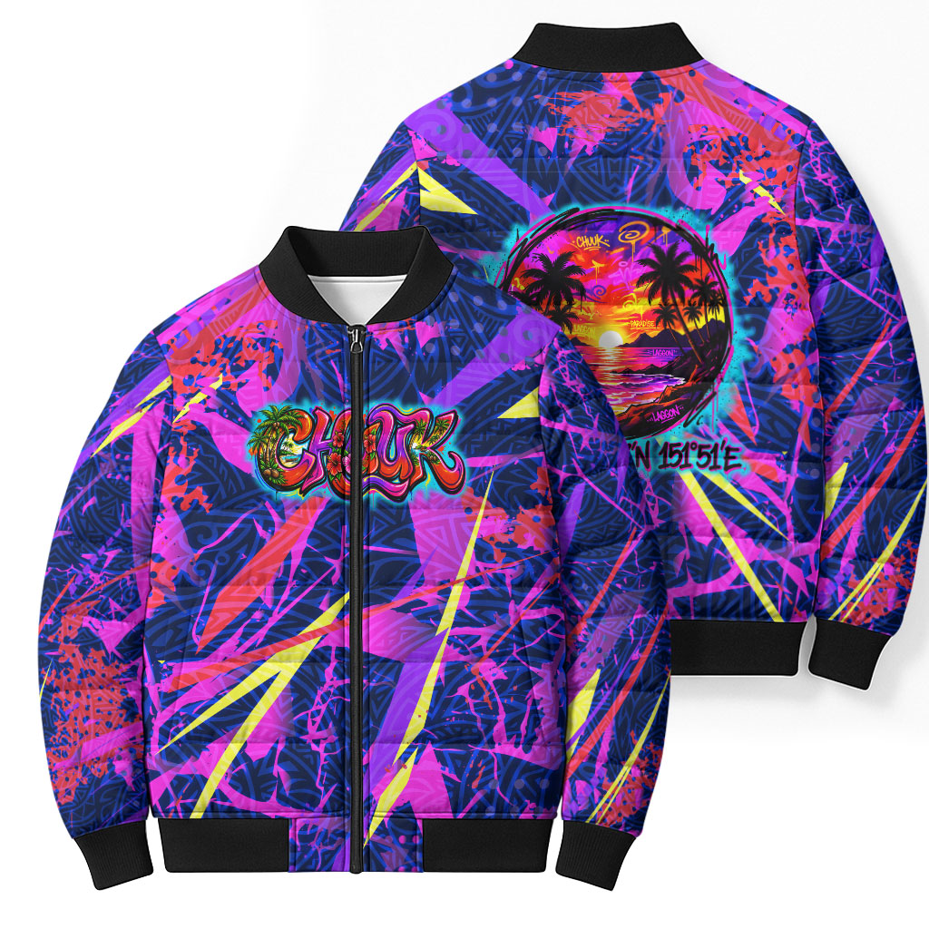 Chuuk Tropical Sunset Coordinates Bomber Puffer Jacket Neon Graffiti Polynesian Tribal