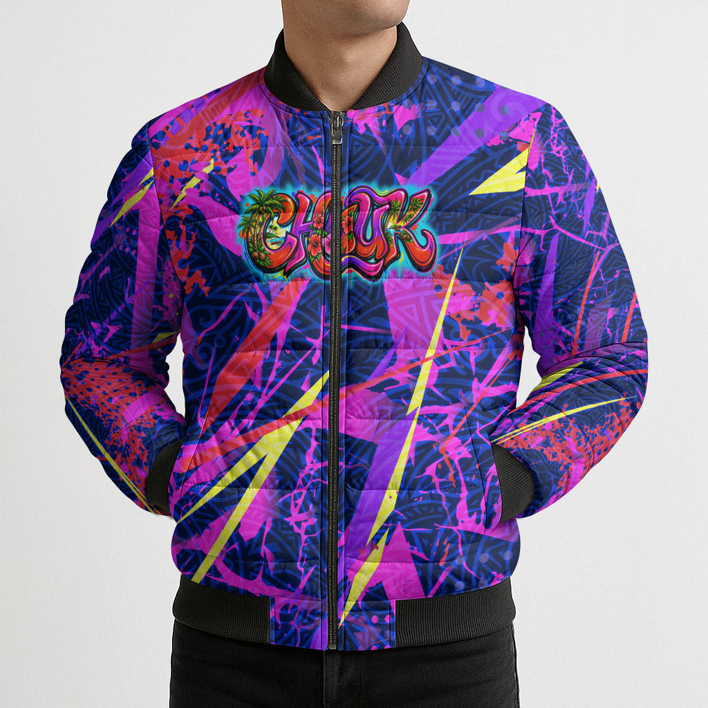 Chuuk Tropical Sunset Coordinates Bomber Puffer Jacket Neon Graffiti Polynesian Tribal