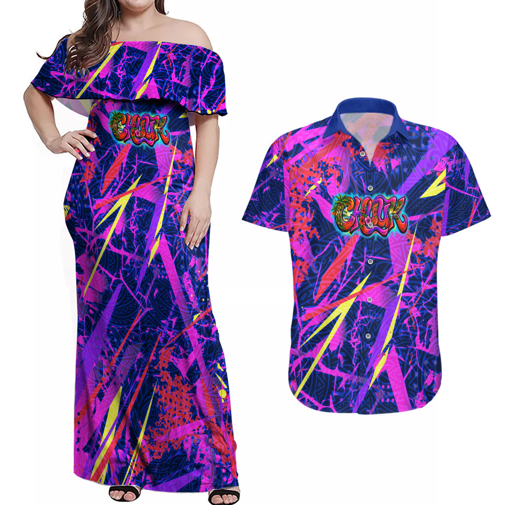 Chuuk Tropical Sunset Coordinates Couples Matching Off Shoulder Maxi Dress and Hawaiian Shirt Neon Graffiti Polynesian Tribal