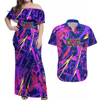 Chuuk Tropical Sunset Coordinates Couples Matching Off Shoulder Maxi Dress and Hawaiian Shirt Neon Graffiti Polynesian Tribal