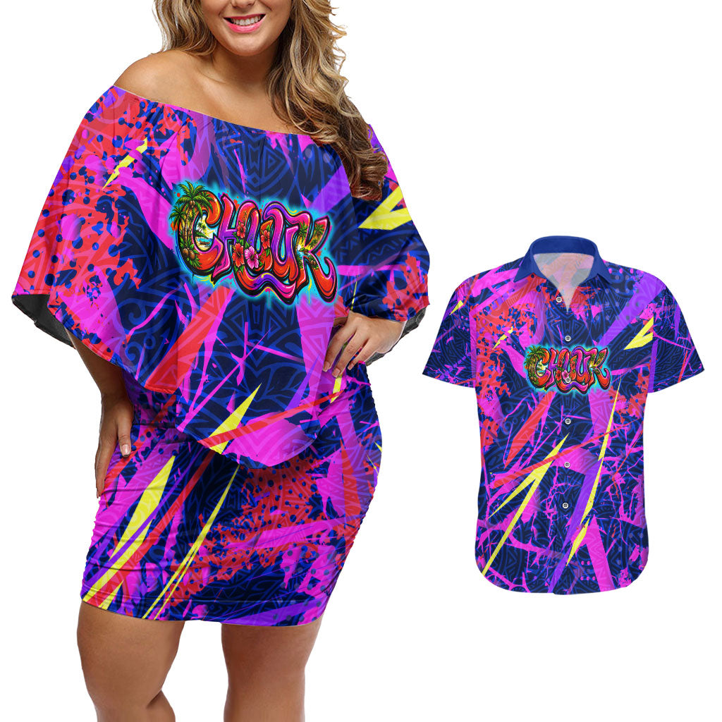 Chuuk Tropical Sunset Coordinates Couples Matching Off Shoulder Short Dress and Hawaiian Shirt Neon Graffiti Polynesian Tribal
