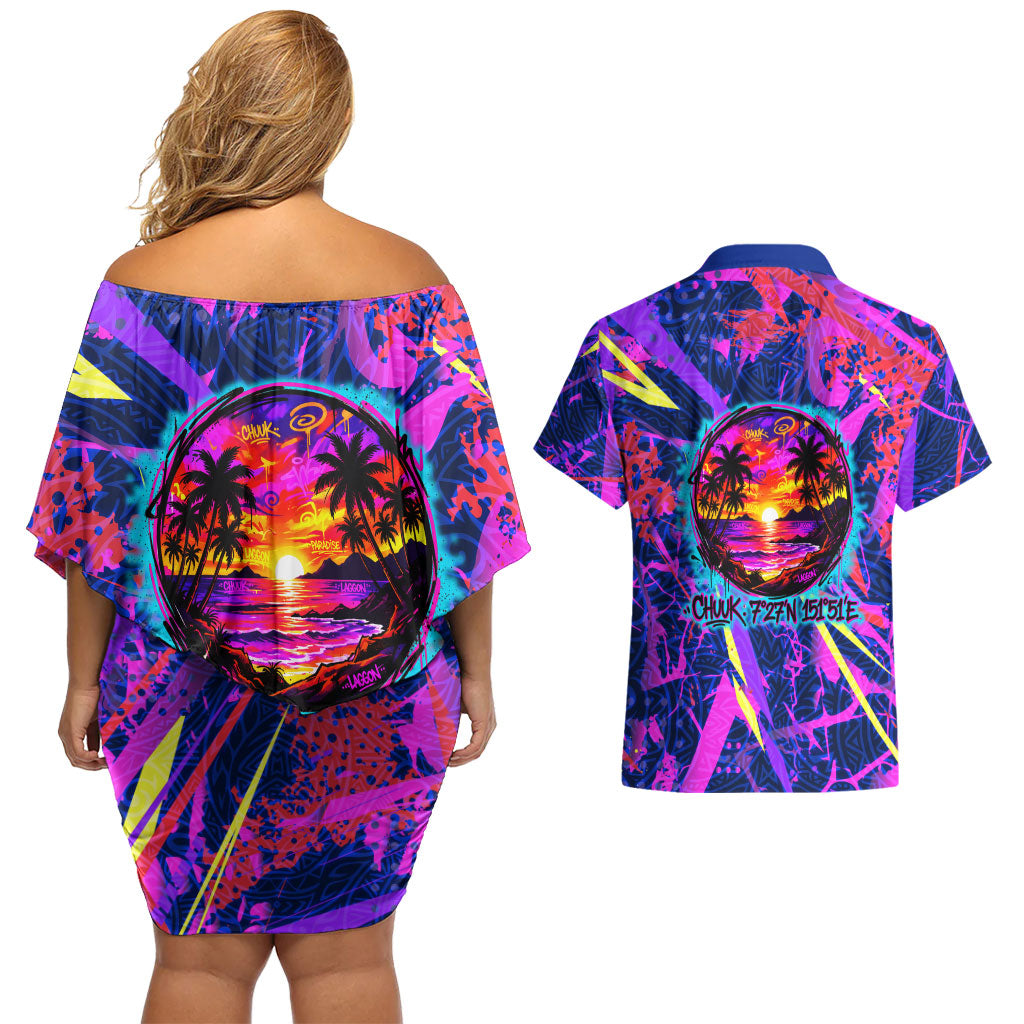 Chuuk Tropical Sunset Coordinates Couples Matching Off Shoulder Short Dress and Hawaiian Shirt Neon Graffiti Polynesian Tribal