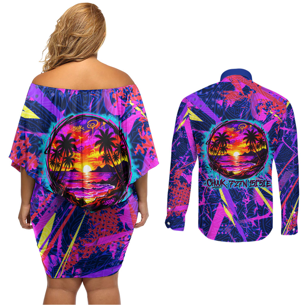 Chuuk Tropical Sunset Coordinates Couples Matching Off Shoulder Short Dress and Long Sleeve Button Shirt Neon Graffiti Polynesian Tribal