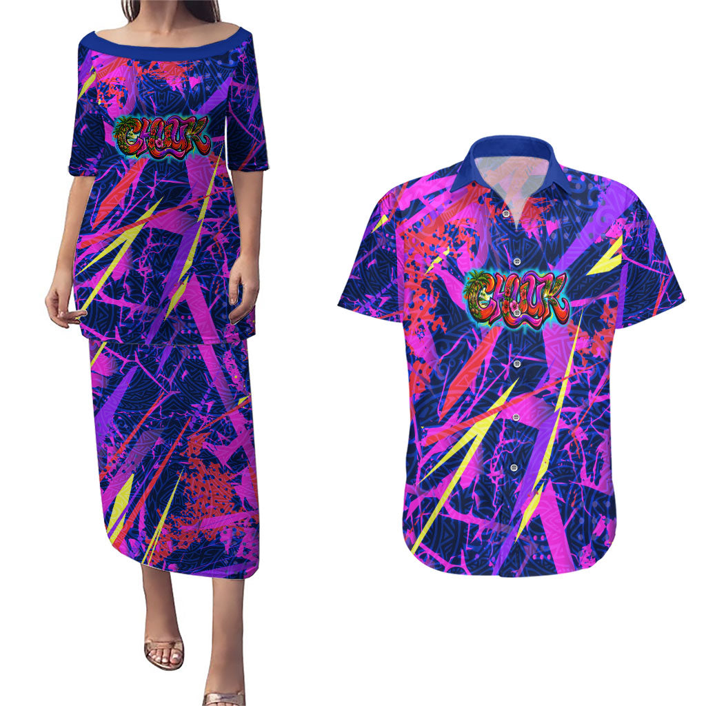 Chuuk Tropical Sunset Coordinates Couples Matching Puletasi and Hawaiian Shirt Neon Graffiti Polynesian Tribal