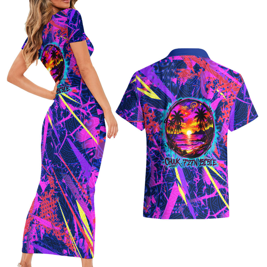 Chuuk Tropical Sunset Coordinates Couples Matching Short Sleeve Bodycon Dress and Hawaiian Shirt Neon Graffiti Polynesian Tribal