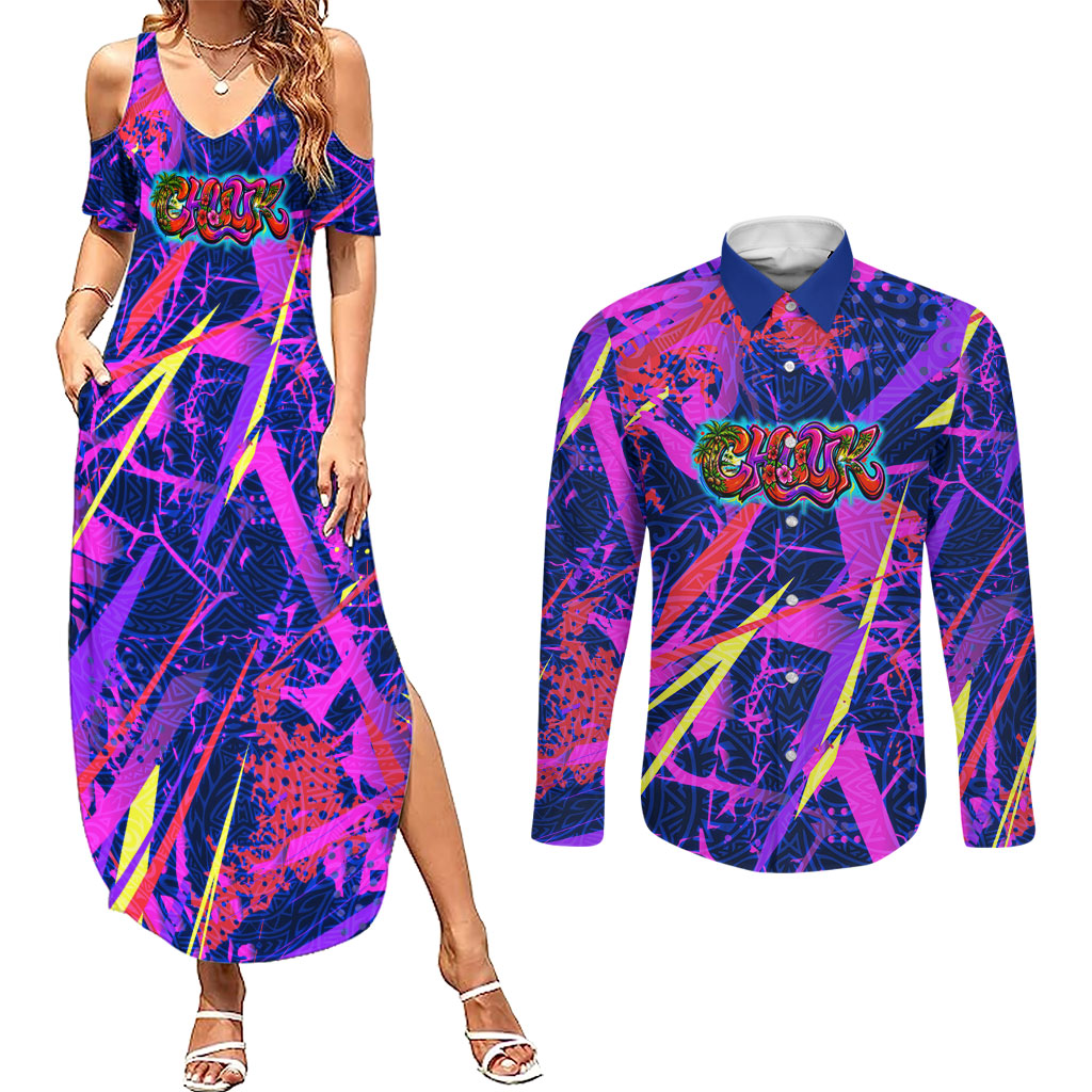 Chuuk Tropical Sunset Coordinates Couples Matching Summer Maxi Dress and Long Sleeve Button Shirt Neon Graffiti Polynesian Tribal
