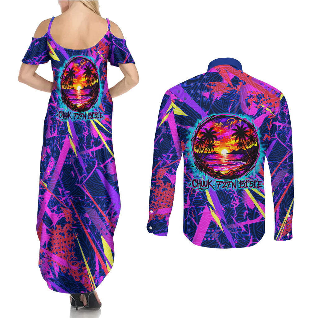 Chuuk Tropical Sunset Coordinates Couples Matching Summer Maxi Dress and Long Sleeve Button Shirt Neon Graffiti Polynesian Tribal