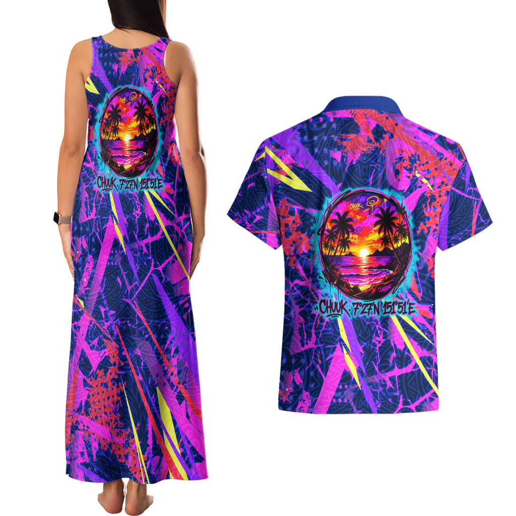 Chuuk Tropical Sunset Coordinates Couples Matching Tank Maxi Dress and Hawaiian Shirt Neon Graffiti Polynesian Tribal