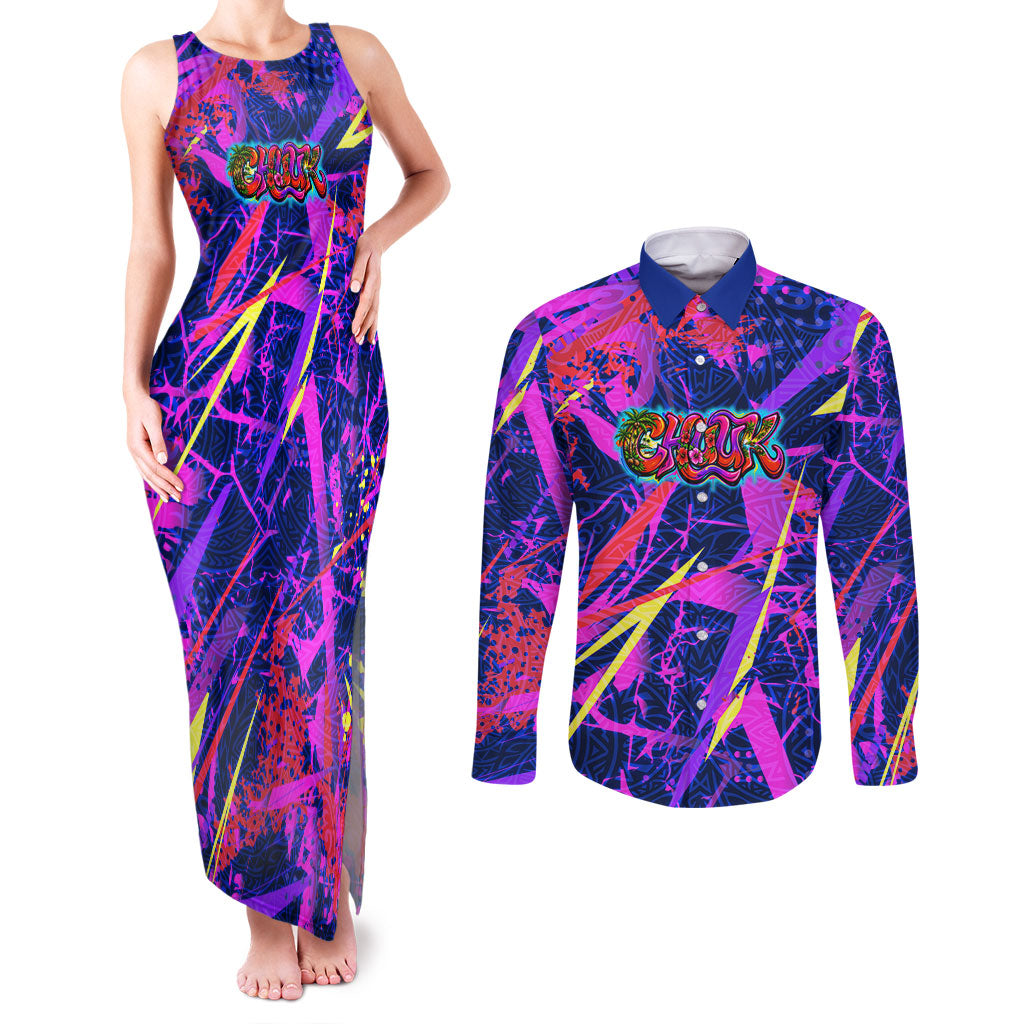Chuuk Tropical Sunset Coordinates Couples Matching Tank Maxi Dress and Long Sleeve Button Shirt Neon Graffiti Polynesian Tribal