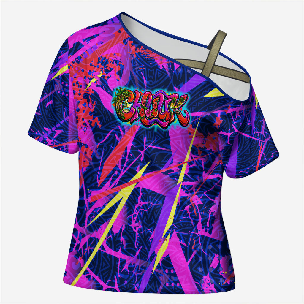 Chuuk Tropical Sunset Coordinates Cross Shoulder Shirt Neon Graffiti Polynesian Tribal TS04 Female Purple Pink - Polynesian Pride