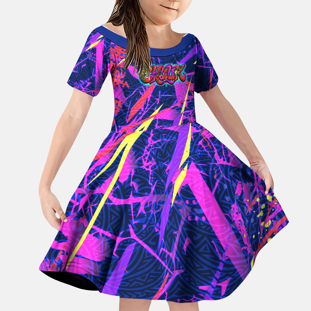 Chuuk Tropical Sunset Coordinates Family Matching Mermaid Dress and Hawaiian Shirt Neon Graffiti Polynesian Tribal