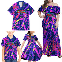 Chuuk Tropical Sunset Coordinates Family Matching Off Shoulder Maxi Dress and Hawaiian Shirt Neon Graffiti Polynesian Tribal